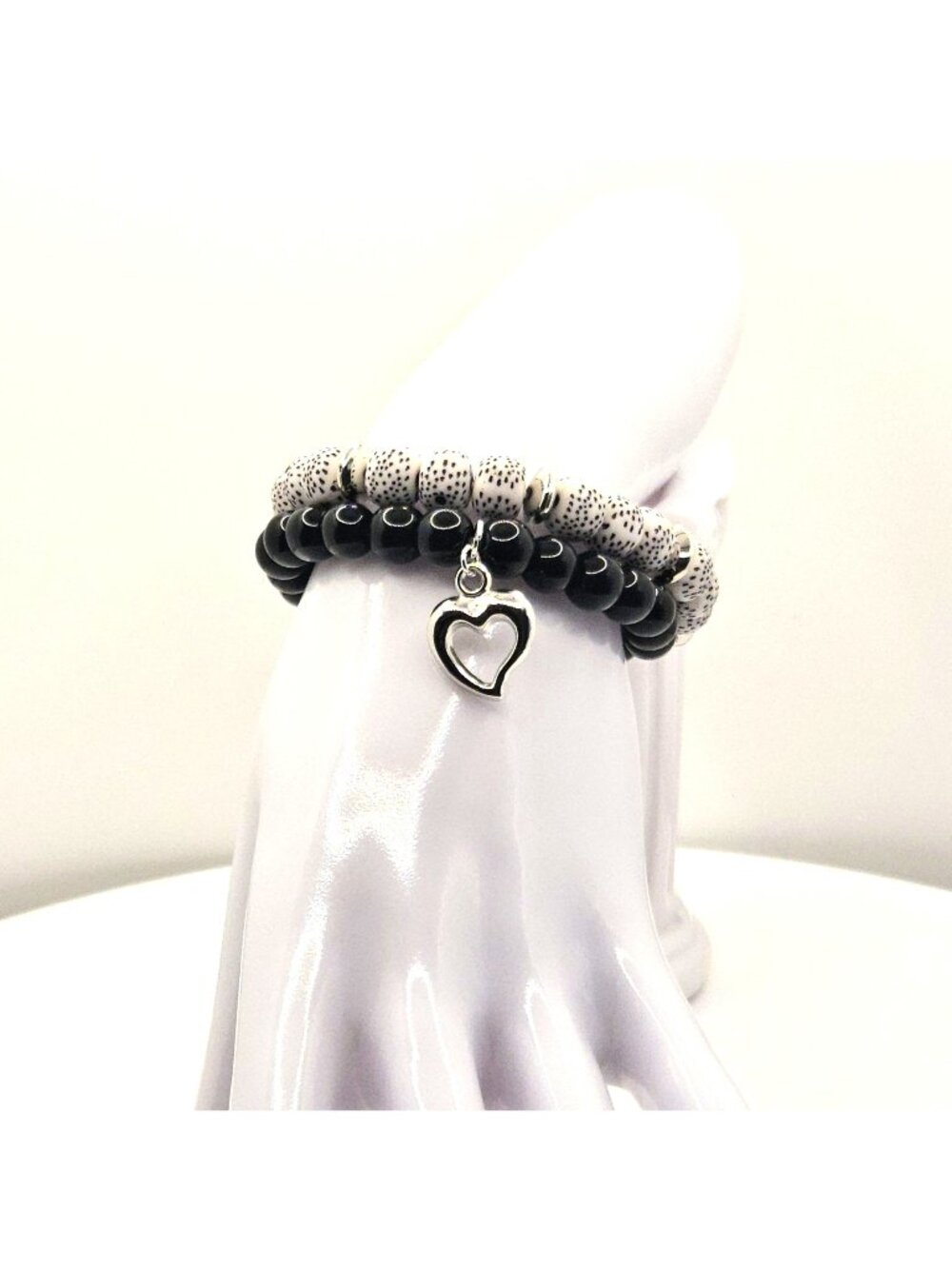 Black White Bracelet Stack Women Neutral Jewelry Heart Charm Bracelet Set